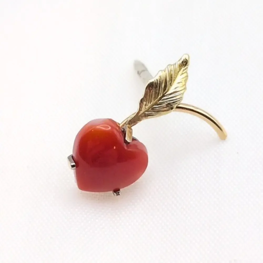 Vintage Krementz Mini Tiny Lapel Pin Red Coral Heart Leaf Cherry Gold Tone